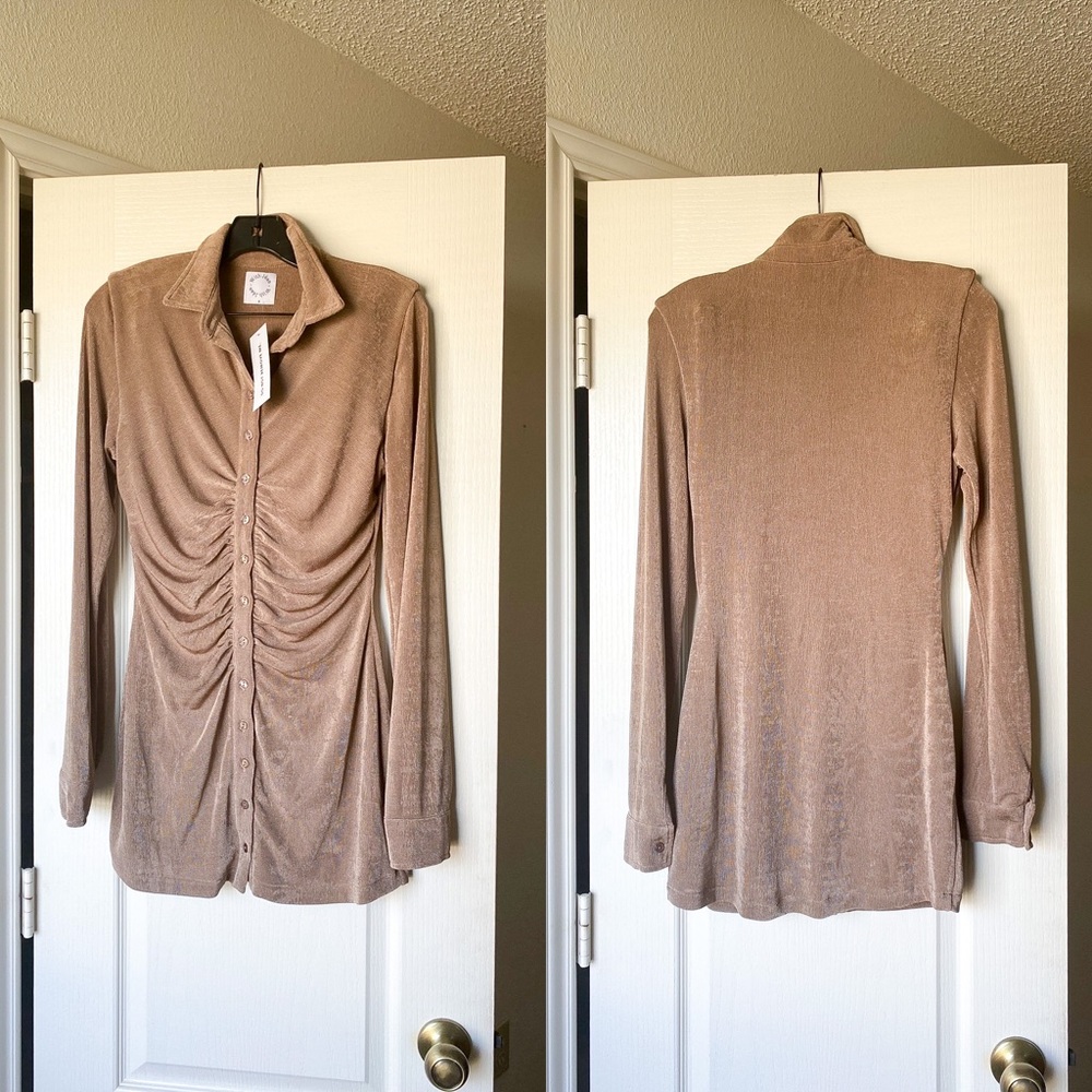 With Jean Taupe Ruched Button-Front Mini Dress - Picture 2 of 14